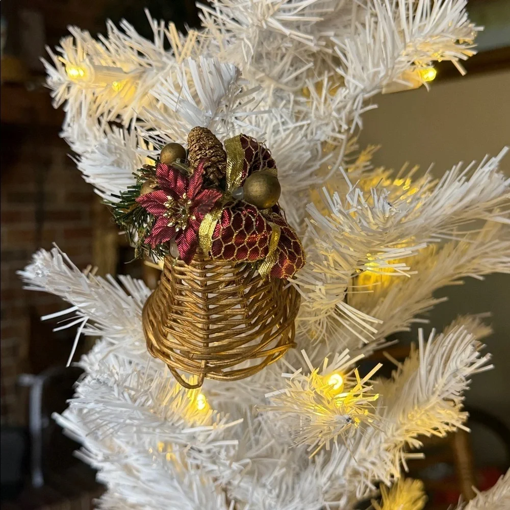 Gold Wicker Bell Ornament with Red Accents